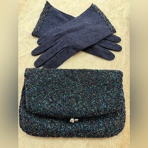 Stunning iridescent, blue hand beaded bag and handmade matching gloves Hong Kong